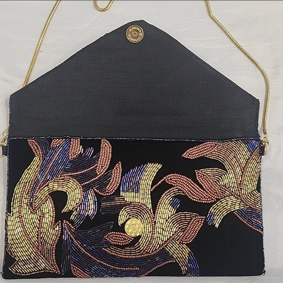 Ricki Designs Black Velvet Beaded Floral Design Snap Front Purse Crossbody - Picture 7 of 16